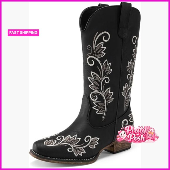Faux Leather Western Boots with Embroidered Design and Low Chunky Heel
